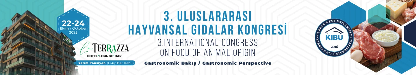 3. Uluslararası Hayvansal Gıdalar Kongresi Program Akışı Genel Program Akışı 22.10.2025 Çarşamba/Wednesday09:00-12:30Kayıt ve Otele Yerleşim/Registration (LA TEREZZA OTEL)12:30-14:00Öğle Yemeği/Lunch (LA TEREZZA OTEL)14:30-15:30Açılış Konuşmaları/Opening Remarks (ARKIN PALM BEACH OTEL)15:30-15:45Kahve arası/Coffee Break15:45-17:05ÇAĞRILI KONUŞMALAR19:00Akşam Yemeği/Dinner (LA TEREZZA OTEL) 23.10.2025 Perşembe/Thursday08:00-08:45Kahvaltı/Breakfast09:00-10:151.OTURUM/2.SESSION10:15-10:30Kahve arası/Coffee Break10:30-11:452.OTURUM/3.SESSION12:00-13:30Öğle Yemeği/Lunch (ARKIN PALM BEACH OTEL)13:30-14:453.OTURUM/4.SESSION14:45-15:00Kahve arası/Coffee Break15:00-16:154. OTURUM/5.SESSION16:15-16:30Kahve arası/Coffee Break16:30-17:455. OTURUM/6.SESSION17:45-18:15Poster Sunumları/Poster Session19:00Gala yemeği/Gala Dinner 24.10.2025 Cuma/Friday09:00-10:00Kahvaltı/Breakfast10:00Sosyal Program/Social Program Bilimsel Program Akışı 1. Oturum 1. OTURUM 22 EKİM (15:45-17:05)  OTURUM BAŞKANLARI:  PROF. DR. MEHMET ÇALICIOĞLU / PROF. DR. ALİ GÜCÜKOĞLUBildiri saatiBildiri başlığı ve ilgili araştırmacılar15:45-16:05AI Prof. DUX and Agriculture: The Smart Beehive Use Case Prof. Dr. Fadi Al-Turjman, Yakın Doğu Üniversitesi16:05-16:25Üretken Yapay Zekâ ve Bilimsel Araştırmalarda Kullanımı Dr. Ayşe Pınar Uluçay, Kıbrıs Batı Üniversitesi16:25-16:45Sustainable and biowaste resources: A key to postbiotics production Prof. Dr. Mehran Moradi, Urmia Üniversitesi16:45-17:05Surveillance of Antimicrobial Residues and Aflatoxin Contamination: From Data Generation to Producer Impact Dr. Belachew Bacha Hirpessa,  Etiyopya Tarım Bakanlığı Hayvansal Ürünler Kalite Test Merkezi 2. Oturum 2. OTURUM 23 EKİM (09:00-10:15)  OTURUM BAŞKANLARI:  PROF. DR. YUSUF DOĞRUER/ PROF. DR. FATMA SEDA ERGENEKONBildiri saatiBildiri başlığı ve ilgili araştırmacılar09:00-09:15Kesimden Önce Ölmüş Tavuk Etlerinin Çiğ ve Isıl İşlem Görmüş Ürünlerde Tespit Edilmesi Sefa ÜNER1,  Mehmet ÇALICIOĞLU2, Gökhan Kürşad İNCİLİ2 1 Siirt Üniversitesi Veteriner Fakültesi, Besin Hijyeni ve Teknolojisi Anabilim Dalı, Siirt, Türkiye 2 Fırat  Üniversitesi Veteriner Fakültesi, Besin Hijyeni ve Teknolojisi Anabilim Dalı, Elazığ, Türkiye09:15-09:30Nil Tilapya Balıklarının (Oreochromis niloticus) Diyetlerine Nane ve Kekik Uçucu Yağları İlavesinin Et Kalitesi Üzerine Etkileri Ece ÇETİN1, İsmail ÇETİN2, Çetin YAĞCILAR3 1 Tekirdağ Namık Kemal Üniversitesi, Veteriner Fakültesi, Gıda Hijyeni ve Teknolojisi Anabilim Dalı, Tekirdağ, Türkiye 2 Tekirdağ Namık Kemal Üniversitesi, Veteriner Fakültesi, Hayvan Besleme ve Beslenme Hastalıkları Anabilim Dalı, Tekirdağ, Türkiye 3 Tekirdağ Namık Kemal Üniversitesi, Fen Edebiyat Fakültesi, Biyoloji Bölümü, Tekirdağ, Türkiye09:30-09:45Karadut Sirkesi ve Dondurularak Kurutulmuş Postbiyotik-Bazlı Marinasyonunun Kontrfilenin Mikrobiyal Güvenlik ve Kalite Parametreleri Üzerindeki Etkisi Müzeyyen AKGÖL1, Pınar KARATEPE1, Canan Akdeniz İncili2 1Fırat Üniversitesi Veteriner Fakültesi, Gıda Hijyeni ve Teknolojisi Bölümü, Elazığ, TÜRKİYE 2Fırat Üniversitesi Veteriner Fakültesi, Patoloji Anabilim Dalı, Elazığ, TÜRKİYE09:45-10:00Chia Tohumu Müsilajına ε–Polilizin Entegre Edilerek Oluşturulan Yenilebilir Filmlerin Karakterizasyonu ve Gökkuşağı Alabalığı Filetolarının Kalite Parametreleri Üzerine Etkinliğinin Belirlenmesi Gökhan Kürşad İncili1, Pınar Karatepe1, Müzeyyen Akgöl1 1Fırat Üniversitesi Veteriner Fakültesi, Gıda Hijyeni ve Teknolojisi Bölümü, Elazığ, TÜRKİYE10:00-10:15Mezbaha Atıklarının Biyogaz Üretiminde Değerlendirilmesi: Sürdürülebilir Enerjiye Doğru Bir Adım Doğan KÖSEDAĞ1, Koray TUNCAY2, Rabia Mehtap TUNCAY3, Yakup Can SANCAK3, Fatih Şevki ERKUŞ4 1Van Yüzüncü Yıl Üniversitesi, Sağlık Bilimleri Enstitüsü, Besin Hijyeni ve Teknolojisi Anabilim Dalı, Van, TÜRKİYE 2Van Yüzüncü Yıl Üniversitesi, Fen Bilimleri Enstitüsü, Tarımsal Enerji Sistemleri Anabilim Dalı, Van, TÜRKİYE 3Van Yüzüncü Yıl Üniversitesi, Veteriner Fakültesi, Besin Hijyeni ve Teknolojisi Anabilim Dalı, Van, TÜRKİYE 4Van Yüzüncü Yıl Üniversitesi, Ziraat Fakültesi, Tarımsal Enerji Sistemleri Anabilim Dalı, Van, TÜRKİYE 3. Oturum 3. OTURUM 23 EKİM (10:30-11:45)  OTURUM BAŞKANLARI:  PROF. DR. YAKUP CAN SANCAK/ PROF. DR. YELİZ UÇARBildiri saatiBildiri başlığı ve ilgili araştırmacılar10:30-10:45Mastitiste Artan Fungal Direnç: Süt Kalitesi ve Halk Sağlığına Etkileri Hüban Göçmen1 1Tekirdağ Namık Kemal Üniversitesi, Veteriner Fakültesi, Mikrobiyoloji Anabilim Dalı, Süleymanpaşa, Tekirdağ, 59030, Türkiye10:45-11:00Geleneksel Türk Küflü Peynirlerinin Bakteriyel ve Fungal Çeşitliliğinin Metagenomik Değerlendirilmesi* Gizem ÇUFAOĞLU1, Serhat AL2, Dursun Alp GÜNDOĞ3, Kürşat KÖŞKEROĞLU2, Candan GÜNGÖR2, Nurhan ERTAŞ ONMAZ2 1 Kırıkkale Üniversitesi Veteriner Fakültesi, Gıda Hijyeni ve Teknolojisi Anabilim Dalı 2 Erciyes Üniversitesi Veteriner Fakültesi Veteriner Halk Sağlığı Anabilim Dalı 3 Yozgat Bozok Üniversitesi, Veteriner Fakültesi, Gıda Hijyeni ve Teknolojisi Anabilim Dalı11:00-11:15Liyofilize Postbiyotik Katkılı Yenilebilir Karboksimetil Selüloz Filmlerin Farklı Sıcaklıklarda Olgunlaştırılan Kaşar Peynirinin Kalitesi Üzerindeki Etkisi Gökhan Kürşad İncili1, Pınar Karatepe1, Müzeyyen Akgöl1, Ali Tekin2,3, Mehmet Çalıcıoğlu1, Ali Adnan Hayaloğlu3 1Fırat Üniversitesi Veteriner Fakültesi, Gıda Hijyeni ve Teknolojisi Bölümü, Elazığ, TÜRKİYE 2Gıda İşleme Bölümü, Keban Meslek Yüksekokulu, Fırat Üniversitesi, Elazığ, TÜRKİYE 3Gıda Mühendisliği Bölümü, Mühendislik Fakültesi, İnönü Üniversitesi, Malatya, TÜRKİYE11:15-11:30Türkiye’de Süpermarketlerde Satışa Sunulan Yoğurtlarda Natamisin Varlığının HPLC ile Belirlenmesi Sevda PEHLİVANLAR ÖNEN1, Eray BURTAÇGİRAY1,2 1 Hatay Mustafa Kemal Üniversitesi Veteriner Fakültesi, Gıda Hijyeni ve Teknolojisi Anabilim Dalı, Hatay, Türkiye 2 Ankara Üniversitesi, Sağlık Bilimleri Enstitüsü, Gıda Hijyeni ve Teknolojisi Anabilim Dalı, Ankara, Türkiye.11:30-11:45Multidrug resistant coagulase-positive Staphylococcus aureus and their enterotoxins detection in traditional cheeses marketed in Banat region, Romania Prof. Dr. Adriana Morar, Banat Üniversitesi 4. Oturum 4. OTURUM 23 EKİM (13:30-14:45)  OTURUM BAŞKANLARI:  PROF. DR. ERGÜN ÖMER GÖKSOY/ PROF. DR. ŞEBNEM PAMUKBildiri saatiBildiri başlığı ve ilgili araştırmacılar13:30-13:45Latilactobacillus sakei’den elde edilen postbiyotiğin intestinal mikrobiyota üzerine etkisi* Neriman Löker1, Hazal Çobur1, Duygu Yaman Gram2, Özge Al3, Adalet Dışhan4, Müzeyyen Akgöl5, Büşra Kaya6, Gökhan Kürşad İncili5, Ali Adnan Hayaloğlu6, Serhat Al1 1 Erciyes Üniversitesi, Veteriner Fakültesi, Veteriner Halk Sağlığı Anabilim Dalı, Kayseri-Türkiye 2 Erciyes Üniversitesi, Veteriner Fakültesi, Veteriner Fizyoloji Anabilim Dalı, Kayseri-Türkiye 3 Erciyes Üniversitesi, Tıp Fakültesi, Anatomi Anabilim Dalı, Kayseri-Türkiye 4 Yozgat Bozok Üniversitesi Veteriner Fakültesi, Gıda Hijyeni ve Teknolojisi Anabilim Dalı, Yozgat-Türkiye 5 Fırat Üniversitesi, Veteriner Fakültesi, Gıda Hijyeni ve Teknolojisi Anabilim Dalı, Elazığ-Türkiye 6 İnönü Üniversitesi, Mühendislik Fakültesi, Gıda Mühendisliği Bölümü, Malatya-Türkiye13:45-14:00Geleneksel Tarhanadan Latilactobacillus sakei subsp. sakei: Genom Karakterizasyonu, Sakasin Sentezi ve In vitro Probiyotik Özelliklerine İlişkin İlk Rapor Adalet DISHAN1*, Serhat AL2, Zafer GONULALAN2 1 Department of Food Hygiene and Technology, Faculty of Veterinary Medicine Yozgat Bozok University, Yozgat, TÜRKİYE 2 Department of Veterinary Public Health, Faculty of Veterinary Medicine, Erciyes University, Kayseri, TÜRKİYE14:00-14:15Peynir Altı Suyunun Gıda Endüstrisinde Kullanım Olanakları Yakup Can SANCAK1, Burcu ÖNER2 1Van Yüzüncü Yıl Üniversitesi, Veteriner Fakültesi Besin Hijyeni ve Teknolojisi Anabilim Dalı, Van Türkiye 2Van Yüzüncü Yıl Üniversitesi, Veteriner Fakültesi Besin Hijyeni ve Teknolojisi Anabilim Dalı, Van Türkiye14:15-14:30Monotipik Beslenme Yaklaşımı Olarak Carnivore Diyeti: Obezite Üzerindeki Etkilerinin Değerlendirilmesi Selen Dokuzlu, Gülşen Özduran, Begüm Kübra Altundaş14:30-14:45Polikistik Over Sendromuna Karşı Nutrösötik Bir Yaklaşım: Ovoprotein Türevli Biyoaktif Peptitlerin Potansiyeli Begüm Kübra Altundaş, Gülşen Özduran, Selen Dokuzlu, Mustafa Hoca 5. Oturum 5. OTURUM 23 EKİM (15:00-16:15)  OTURUM BAŞKANLARI:  PROF. DR. ZAFER GÖNÜLALAN/ PROF. DR. BEYZA HATİCE ULUSOYBildiri saatiBildiri başlığı15:00-15:15Vasküler Yıkama ve Soğutma Tekniğinin Hayvansal Ürünlerin Kalitesi Üzerine Etkisi Elif Aykın-Dinçer1,* James R. Claus2 1Akdeniz Üniversitesi, Mühendislik Fakültesi Gıda Mühendisliği Bölümü, Antalya, Türkiye 2Wisconsin-Madison Üniversitesi, Hayvan & Süt Bilimleri Bölümü, Madison, ABD15:15-15:30LPS ile İndüklenen Non-Kanonik İnflammazom Yolağının Trokserutin Tarafından Modülasyonunun Araştırılması Neriman LÖKER1, Serhat AL1 1Erciyes Üniversitesi, Veteriner Fakültesi, Veteriner Besin Hijyeni ve Teknolojisi Bölümü, Veteriner Halk Sağlığı Anabilim Dalı15:30-15:45Laktik Asit Bakterilerinden Elde Edilen Hücre Ari Süpernatantların In Vitro Salmonella Enfeksiyonunda Oluşan Doğal Yanıt Üzerine Etkilerinin Araştırılması  Hazal ÇOBUR1, Serhat AL2 1Erciyes Üniversitesi, Veteriner Fakültesi, Veteriner Besin Hijyeni ve Teknolojisi Bölümü, Veteriner Halk Sağlığı Anabilim Dalı 2Erciyes Üniversitesi, Veteriner Fakültesi, Veteriner Besin Hijyeni ve Teknolojisi Bölümü, Veteriner Halk Sağlığı Anabilim Dalı15:45-16:00Gıdalarda Bulunan Mikroplastiklerin Halk Sağlığı Açısından Önemi Nermin RÜSTEMLİ1, Rabia Mehtap TUNCAY2 1Van Yüzüncü Yıl Üniversitesi, Veteriner Fakültesi, Besin Hijyeni ve Teknolojisi, Van, Türkiye 2Van Yüzüncü Yıl Üniversitesi, Veteriner Fakültesi, Besin Hijyeni ve Teknolojisi, Van, Türkiye16:00-16:15Hayvansal Gıda Endüstrisinde Karbon Ayak İzi ve Yapay Et Üzerinde Medyanın Rolünün İncelemesi Didem KARATAŞ1, Beyza H. ULUSOY2 1 İstanbul Ticaret Üniversitesi, İstanbul 2 Yakın Doğu Üniversitesi Veteriner Hekimliği Fakültesi KKTC 6. Oturum 6. OTURUM 23 Ekim  (16:30-17:45)  OTURUM BAŞKANLARI: PROF. DR. ÜMİT GÜRBÜZ / PROF. DR. ÖZGÜR ÇADIRCIBildiri saatiBildiri başlığı ve ilgili araştırmacılar16:30-16:45Gıda ve Yem Güvenliği için Hızlı Uyarı Sistemi (RASFF) Kapsamında Hayvan Sakatatları (AO) ve Hayvansal Yan Ürünler (ABP) Tehlike Bildirimleri Serol Korkmaz1,3, İrem Omurtag Korkmaz2,3, Ayşen Gargılı Keleş2,3 1 Çukurova Üniversitesi, Veteriner Fakültesi, Hayvan Besleme ve Beslenme Hastalıkları Bölümü, Adana, Türkiye 2 Marmara Üniversitesi, Sağlık Bilimleri Fakültesi, Temel Sağlık Bilimleri Bölümü, İstanbul, Türkiye 3 Marmara Üniversitesi, Sağlık Bilimleri Enstitüsü, Biyogüvenlik ve Biyoemniyet Anabilim Dalı Lisansüstü Programı, İstanbul, Türkiye16:45-17:00Balın Fonksiyonel Besin Niteliğinin Isıl İşlemle Değişimi: Besin Kompozisyonu, Antioksidan Kapasitesi ve Sağlık Açısından Değerlendirilmesi Gülşen Özduran, Begüm Kübra Altundaş, Selen Dokuzlu, Mustafa Hoca17:00-17:15Trabzon ve Giresun’da Üretilen Süzme Ballarda Neonikotinoid Kalıntı Varlığının LC-MS Q-TOF ile Tespit Edilmesi Seda Dicle KORKMAZ1, Özlem KÜPLÜLÜ2  1Giresun Üniversitesi, Espiye Meslek Yüksekokulu, Giresun, TÜRKİYE  2Ankara Üniversitesi, Veteriner Fakültesi Gıda Hijyeni ve Teknolojisi, Ankara, TÜRKİYE17:15-17:30Donkey Milk: A Functional and Versatile Dairy Alternatives Mahtap SADRİMOVAHED1, Fatma KAYA YILDIRIM1, Doruk KAYNARCA1, Beyza H. ULUSOY1 1 Yakın Doğu Üniversitesi Veteriner Hekimliği Fakültesi KKTC17:30-17:45Gastronomide Aromatik Bir Dokunuş: Nata de Coco İncelemesi İrem KARATAŞ1, Beyza H. ULUSOY2 1 İstanbul Ticaret Üniversitesi, İstanbul 2 Yakın Doğu Üniversitesi Veteriner Hekimliği Fakültesi KKTC